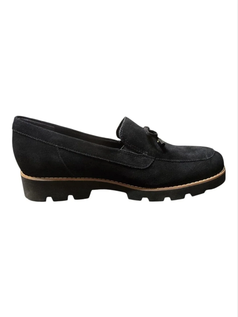 ​Vionic Finley Black Suede Bow Chunky Lug Sole Loafers